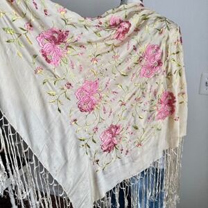 Antique Embroidered Silk Piano Shawl Cream Pink Green Floral